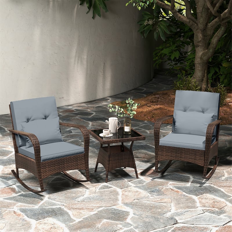 Gymax 3PCS Outdoor Rocking Set Rattan Rocker Chairs w/ Tempered Glass