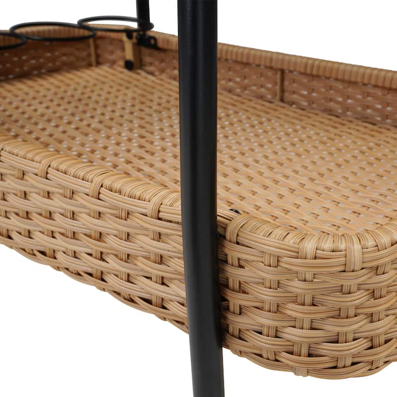 Outdoor Bar Cart with Wheels, 2-Tier Wicker Rolling Bar Beverage Cart