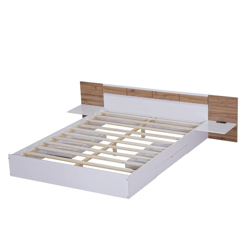 Modern Queen Platform Bed with Storage Drawers, USB Ports, and Headboard Shelves