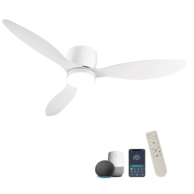 52" Smart Flush Mount Ceiling Fans with Lights Remote,Low Profile Ceiling Fan,Control with WIFI Alexa App,Dimmable,ABS blades - Ancient White