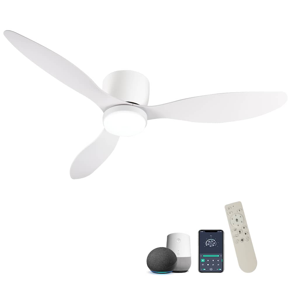 52" Smart Flush Mount Ceiling Fans with Lights Remote,Quiet DC Motor, Low Profile white Ceiling Fan,Control with WIFI Alexa App