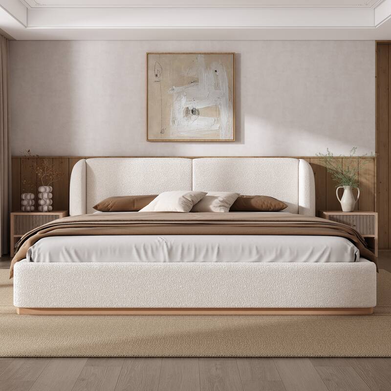 King/Queen Size Bed Frame with Boucle Upholstered Wingback Headboard and Solid Wood Base