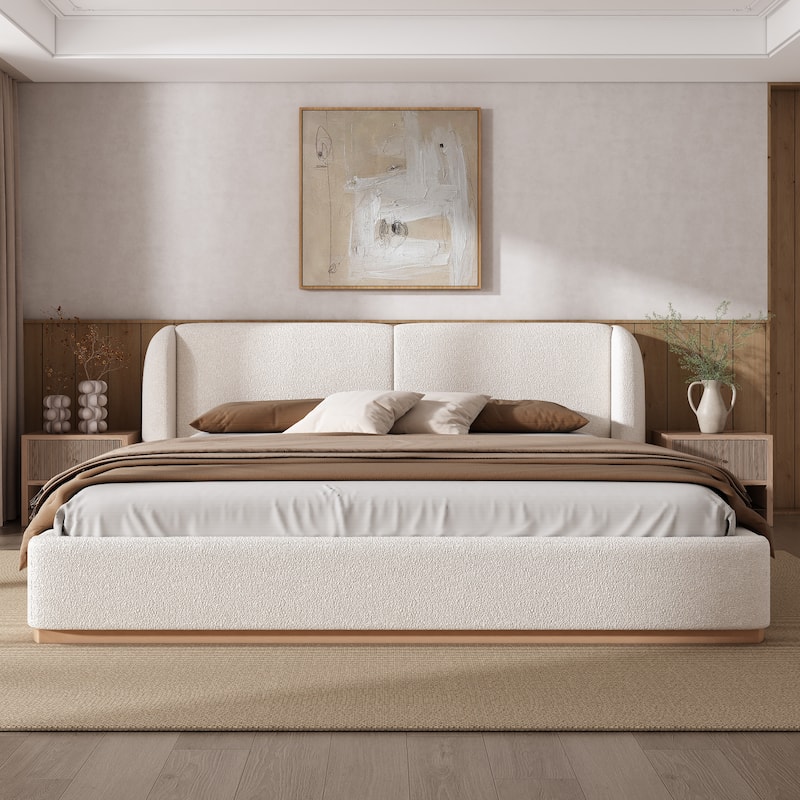 White Low Profile Platform Bed Ground Bed Boucle Frame with Upholstered Wingback Headboard - White - King