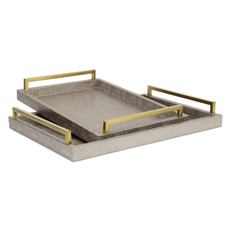 HomeRoots Set of Two Taupe Wood Geometric Handmade Serving Trays With Handles