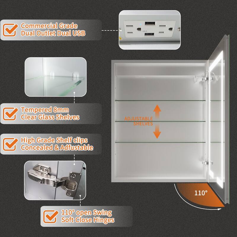 ExBrite 24" x 30" LED Lighted Bathroom Medicine Cabinet with Mirror,Recessed or Surface Mount,Defog