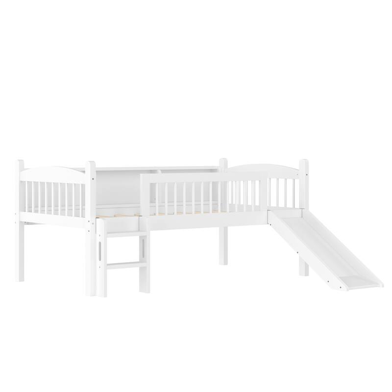 Roomfitters Twin XL Low Loft Bed with Storage Shelves and LED Lights, Solid Wood Frame