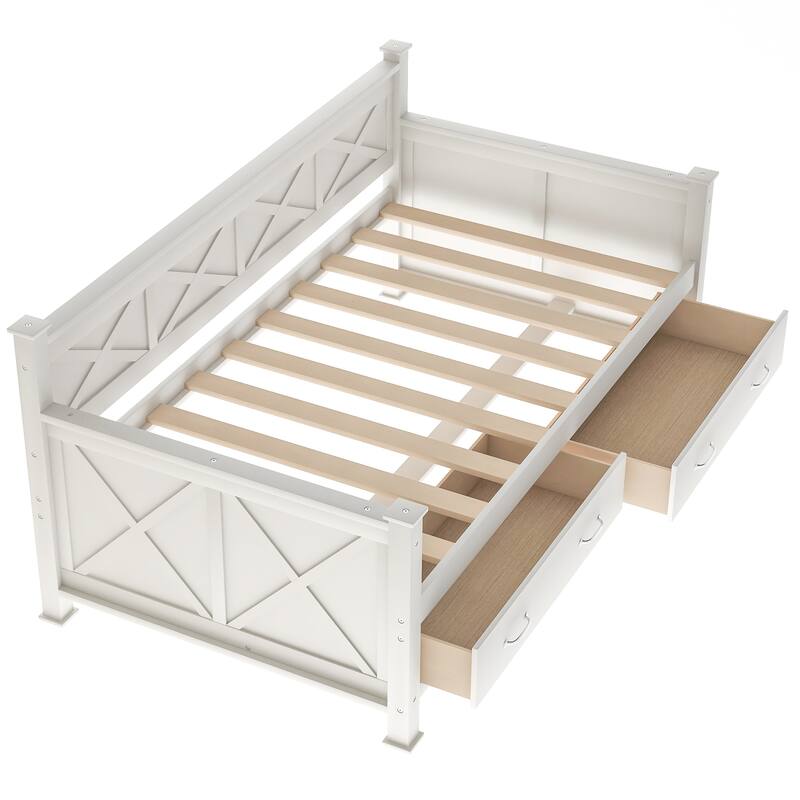 Twin Size Daybed with X-shaped Pattern & 2 Storage Drawers, Cream White