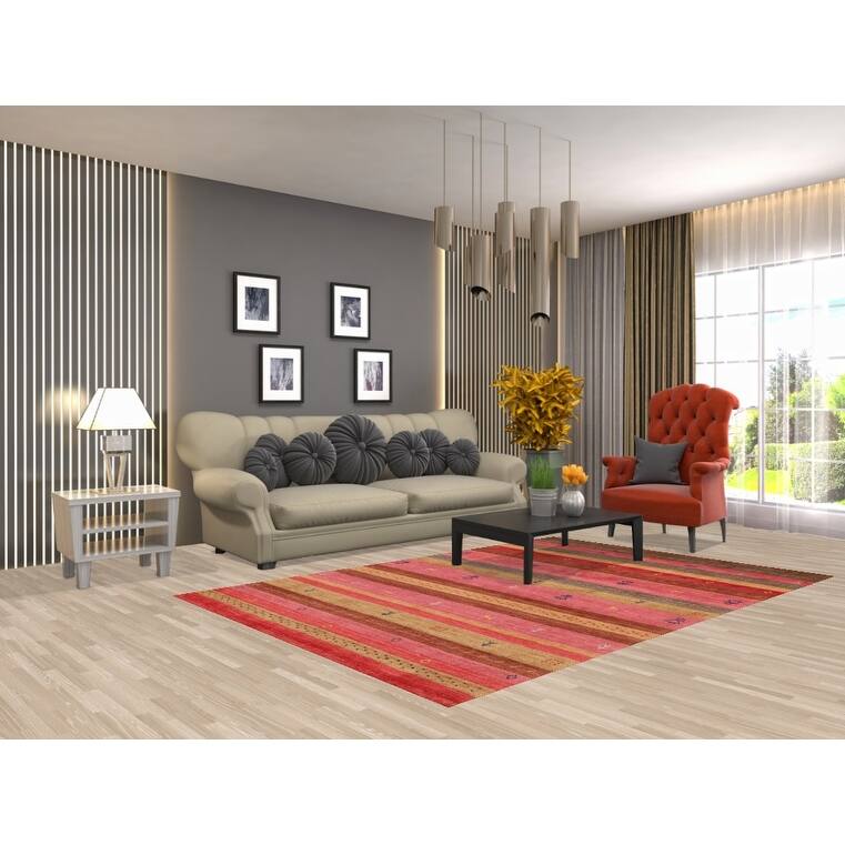 Striped Tribal Gabbeh Indian Area Rug Handmade Wool Carpet - 5'3"x 7'10"