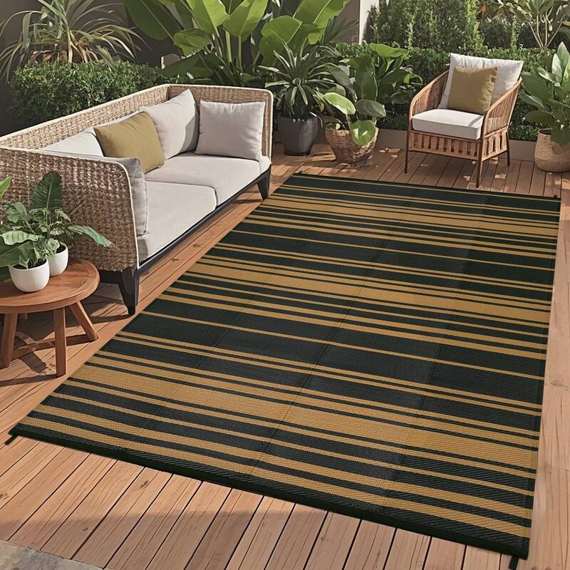 Outdoor Rug Waterproof Mat Outside Rugs for Patio Camping Balcony Modern Strip Plastic Straw Rug - 9'x12' - Black Brown