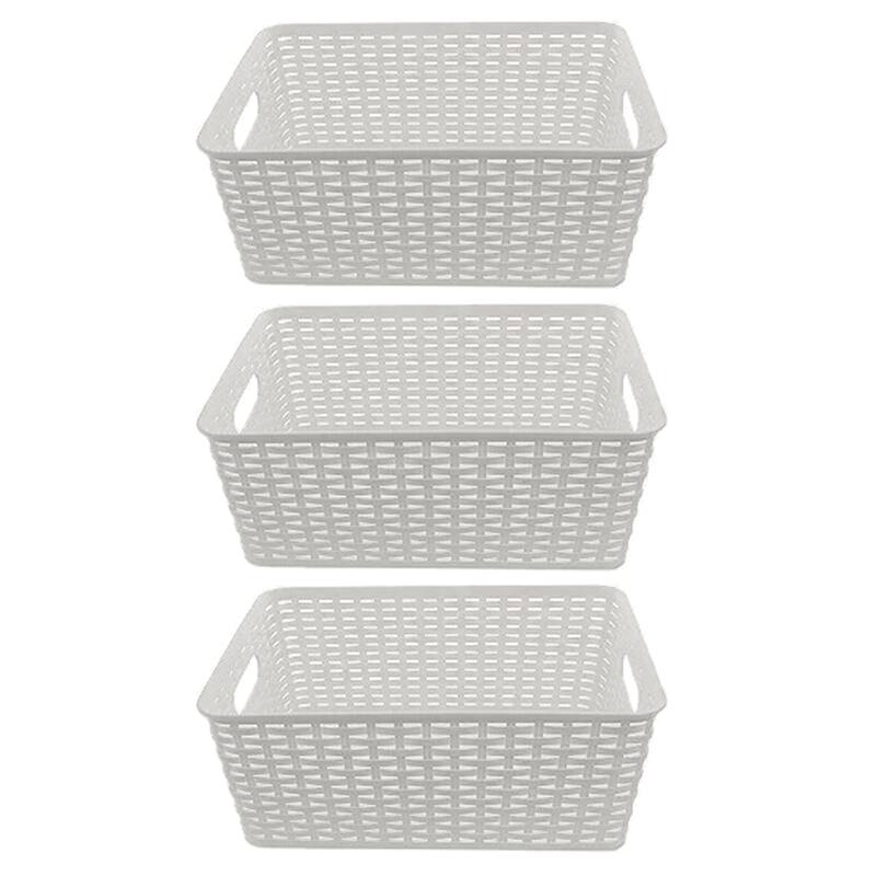 YBM Home Plastic Rattan Storage Box Basket Organizer, BA425 - Pack of 3 - White