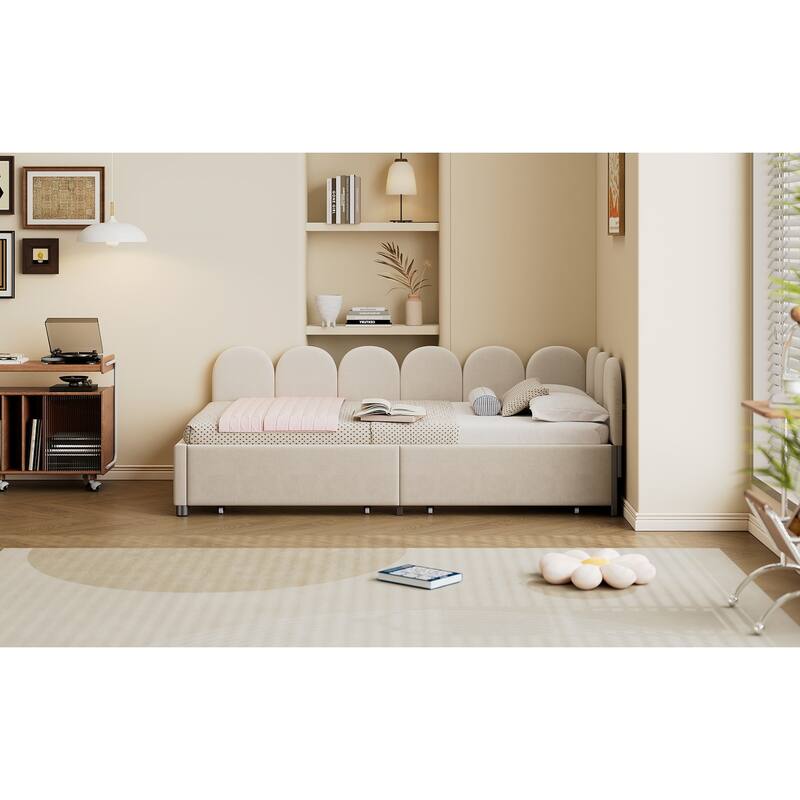 Velvet Upholstered Daybed with Two Drawers and Soft Headboard