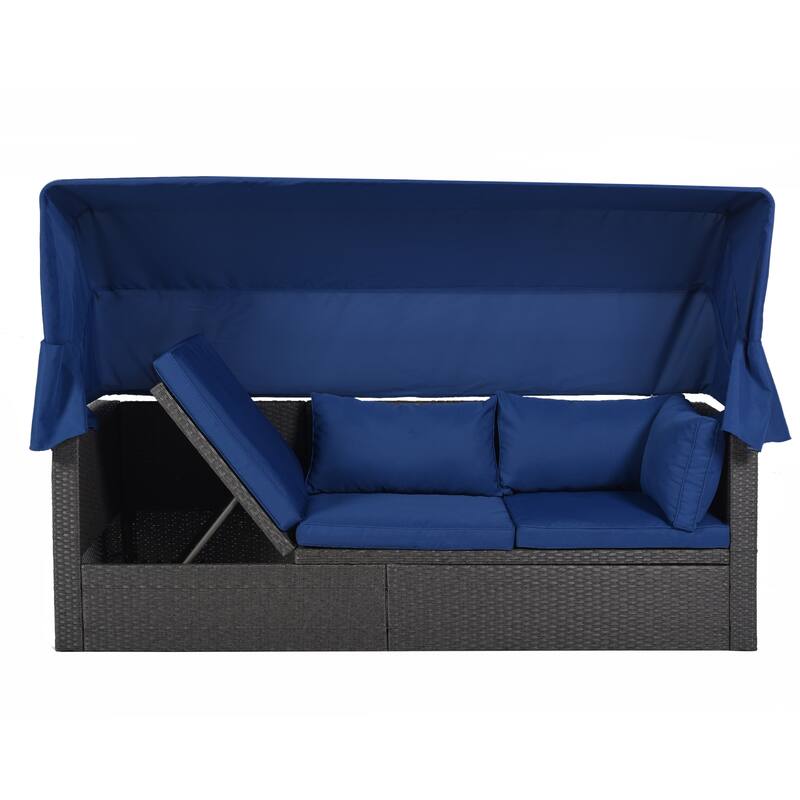 Outdoor Rectangle Patio Sunbed with Retractable Canopy and Reclining Seat, Rattan Sectional Daybed with Liftable Coffee Table