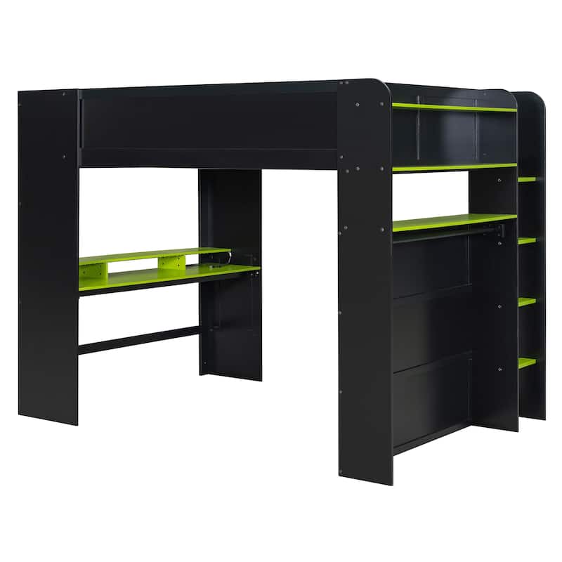 Next-Gen Gamer's Full Size Loft Bed with Adjustable Desk, RGB Lighting, Charging Ports and Storage Space