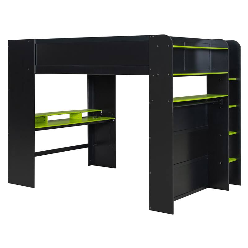 Roomfitters Full Size Loft Bed with Adjustable Desk, Wardrobe Storage, and RGB Lighting