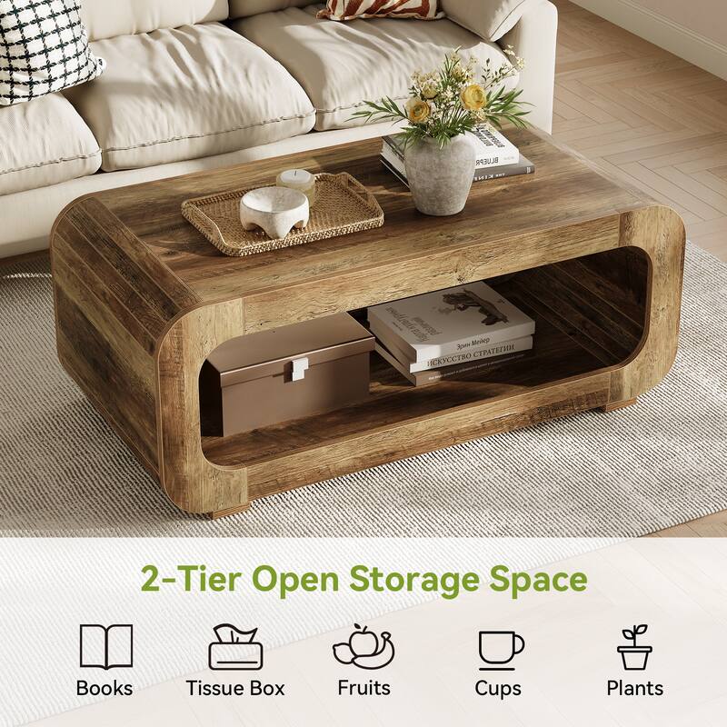 47" Rustic Curved Wood Coffee Table with Open Shelf, 2-Tier Rectangular Center Table for Living Room