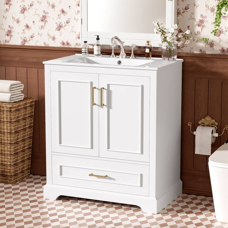 Bathroom Vanity with Ceramic Sink, Freestanding Storage Cabinet with Double Shelf, 1 Divider Drawer & 2 Soft-close Doors - White