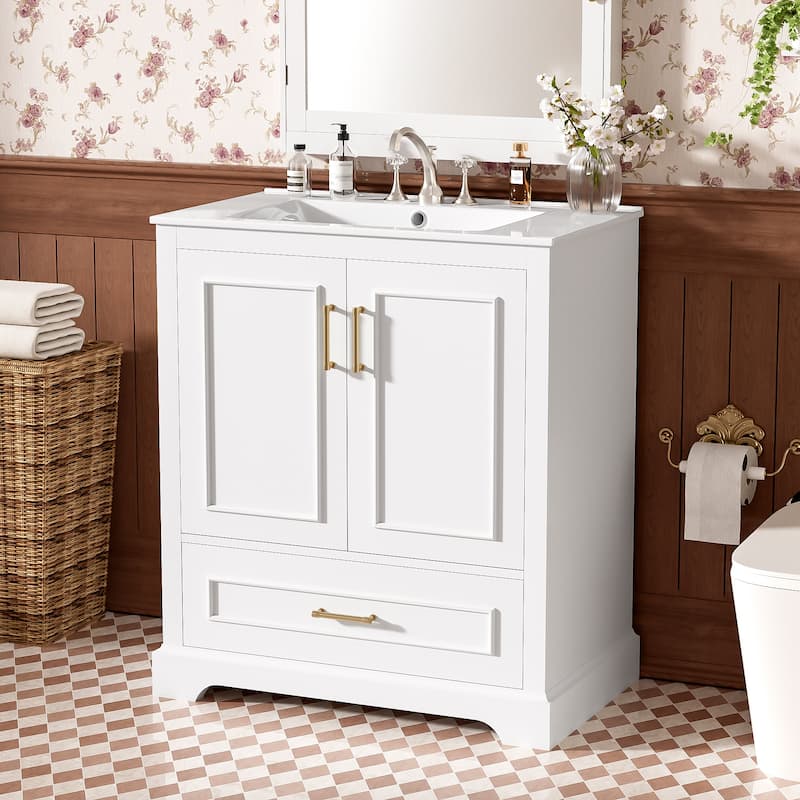 Compact Freestanding Vanity with Integrated Sink - MDF/Solid Wood Construction, Soft-Close Doors & Smart Storage - 30" - White