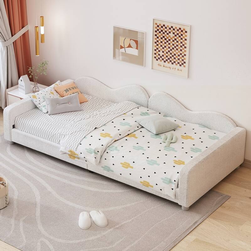 Upholstered Daybed, Sherpa Fabric Sofabed with Cloud-Shaped Backrest - White - Twin