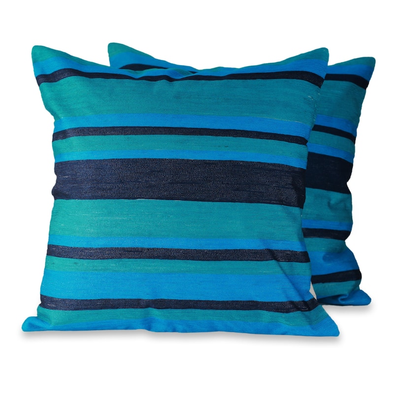 Handmade Embroidered Pair of 2 Cushion Covers Blue Streams (India) - Blue Streams