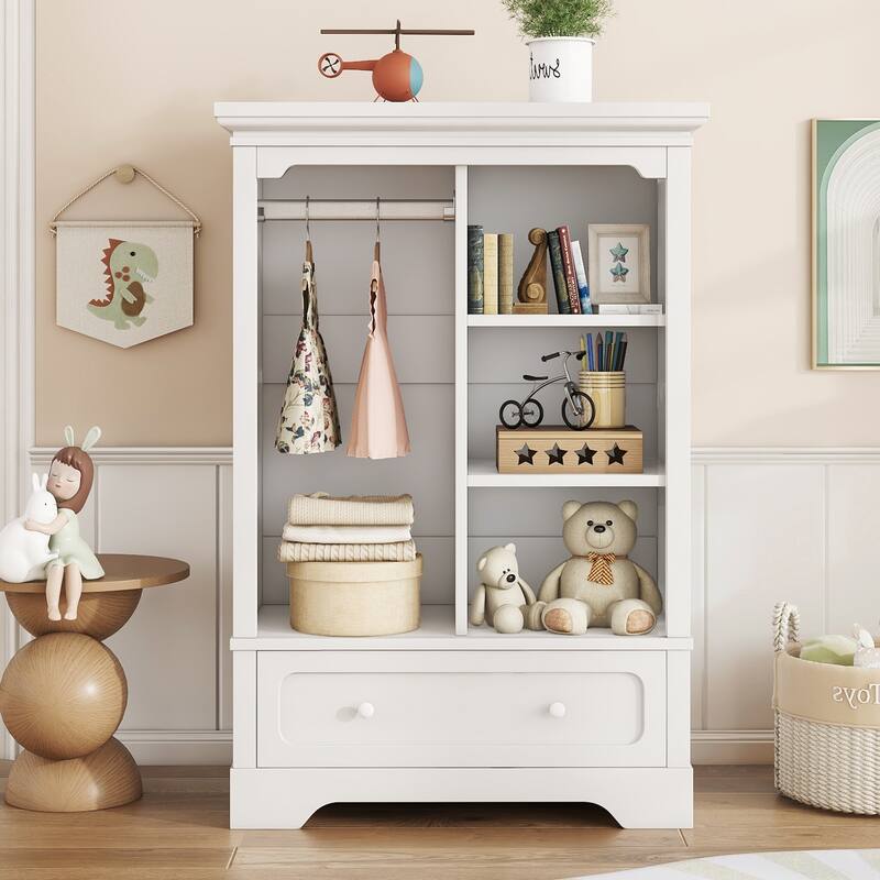 Open Children's Wardrobe with A Hanging Rod and Open Shelves - White