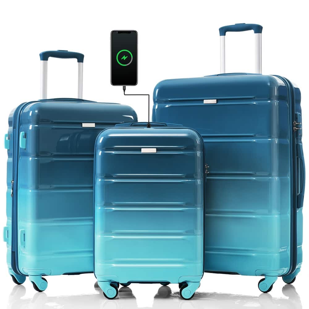 3 Piece Expandable Luggage Set, PC+ABS Durable Hard Shell Carry-on Suitcase with USB Port and Spinner Wheels, for Travel