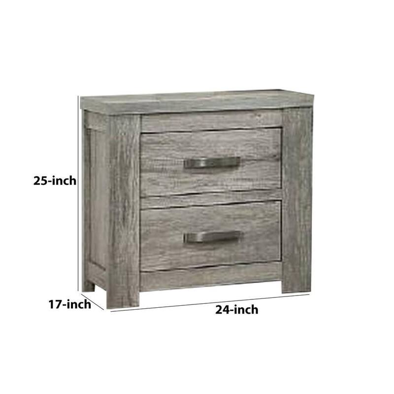 Wooden Nightstand with Two Drawers and Metal Bar Handles, Grey