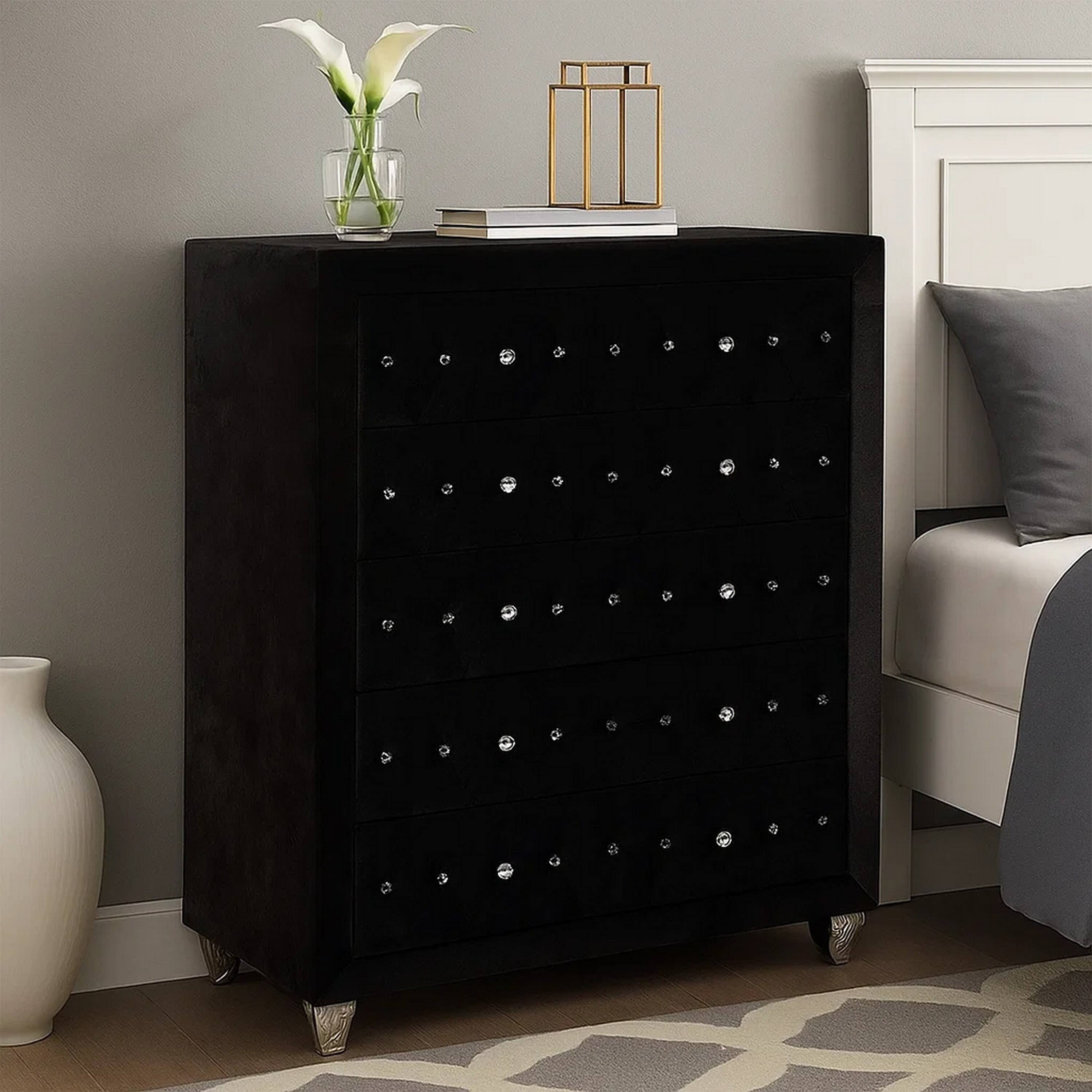 Rea Tall Dresser Chest, 5 Drawers With Crystal Knobs, Black Velvet Upholstery