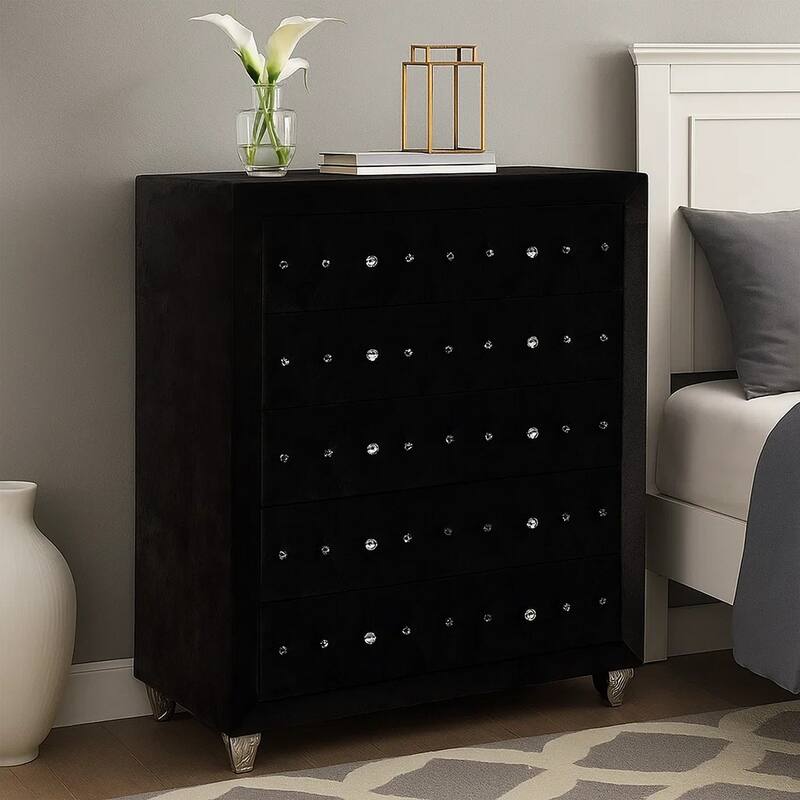 Rea Tall Dresser Chest, 5 Drawers with Crystal Knobs, Black Velvet Upholstery