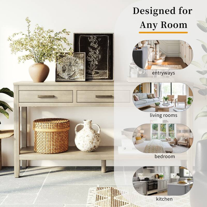 59.1" Farmhouse Entryway Table with 3 Drawers, Painted Console Table with Bottom Shelf & Iron Handles, Minimalist Sofa Table