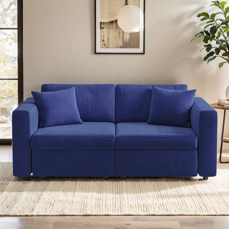 Pocassy Cloud Sectional Couch Upholstered Velvet Couches - 2-Seat without Ottoman - Blue