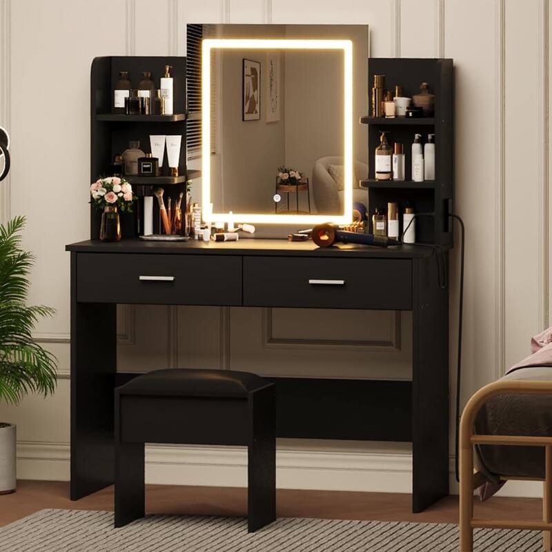 Vanity Desk with Lighted Mirror and 6 Storage Shelves - Black