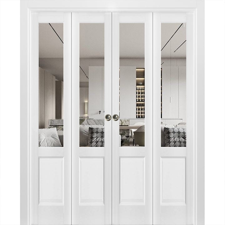 SartoDoors Lucia 1533 | Closet Door Bi-fold Door | Solid Wood w/ Glass | Hardware Set | 72x80, White Silk Bedroom Door