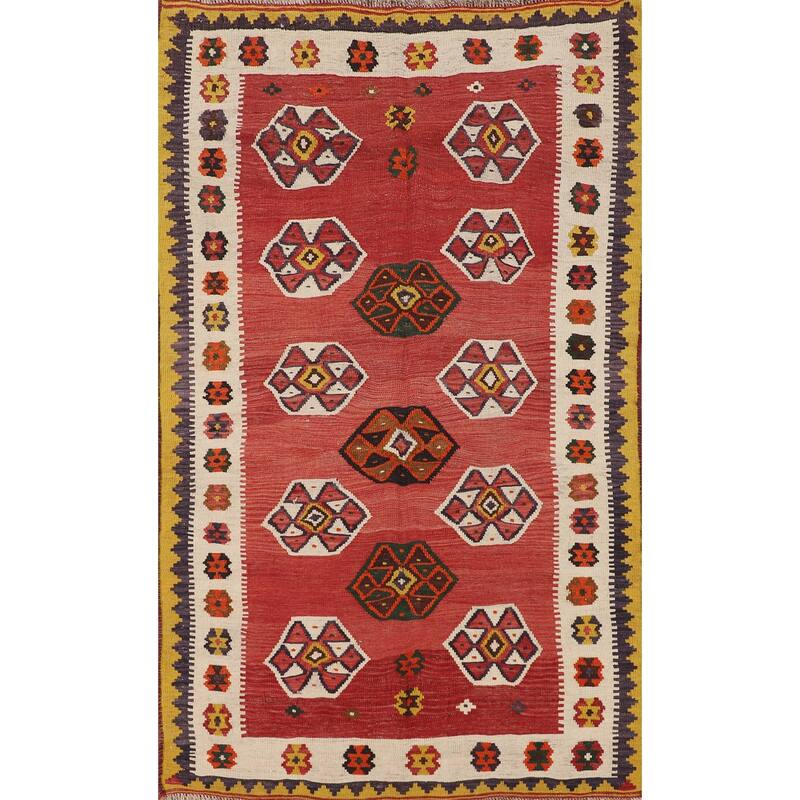 Kilim Qashqai Persian Vintage Rug Hand-Woven Geometric Red Wool Carpet - 4'1"x 6'8"