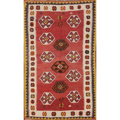 Kilim Qashqai Persian Vintage Rug Hand-Woven Geometric Red Wool Carpet - 4'1"x 6'8"