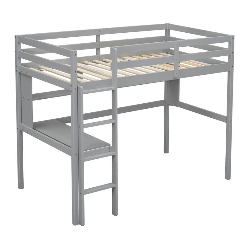 Grey Twin Size Wood Loft Bed with desk and shelves, Safety Guardrail and ladder