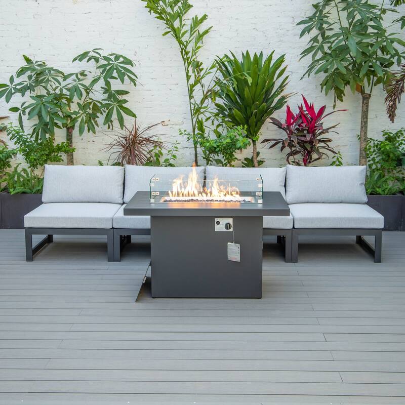 LeisureMod Chelsea 5-Piece Outdoor Patio Chairs and Fire Pit Table Set