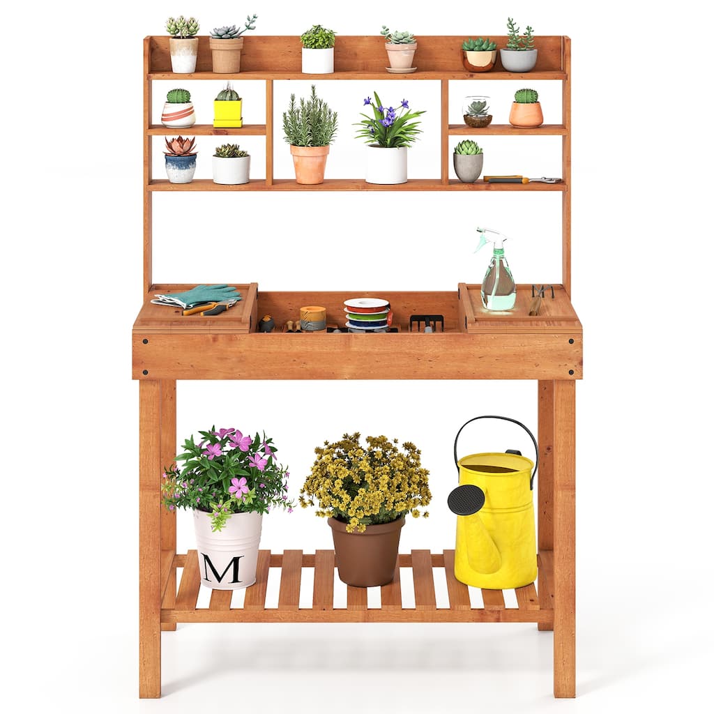 Gymax 61'' Wooden Potting Bench Table w/3-Tier Open Shelf Flip-up