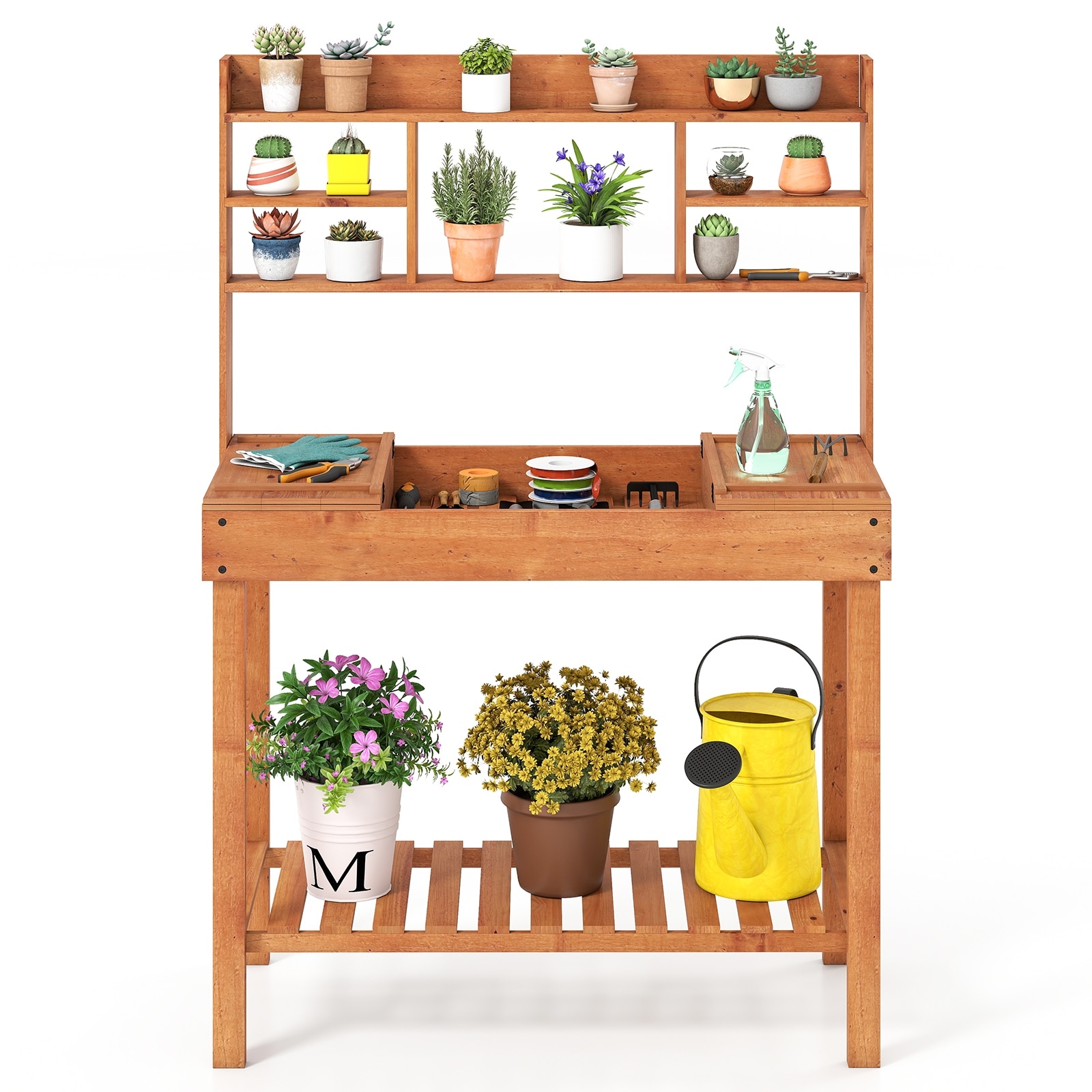 Gymax 61'' Wooden Potting Bench Table w/3-Tier Open Shelf Flip-up