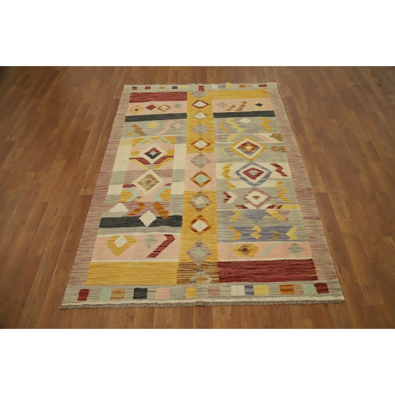 Hand Woven Oriental 100% Wool Carpet Southwestern Tribal Multi-Colored Kilim Area Rug - 5' 11'' X 4' 1''