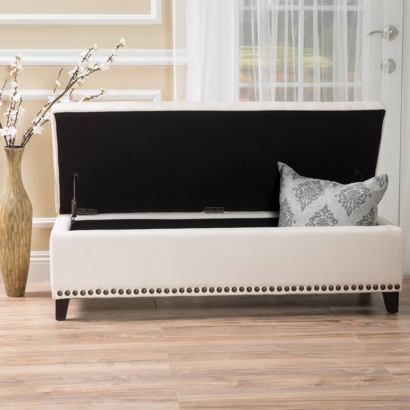 Roomfitters Upholstered Storage Ottoman Bench with Nailhead Trim, Entryway or Bedroom Seating, Beige