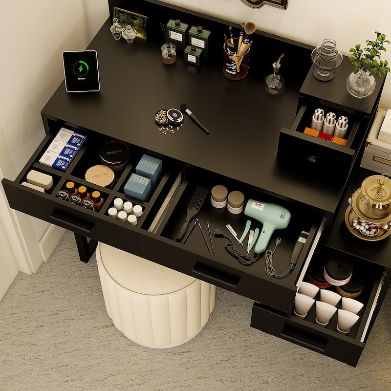 Reversible Makeup Vanity Desk With Charging Station and 4 Wooden Drawers and 1 Cabinet