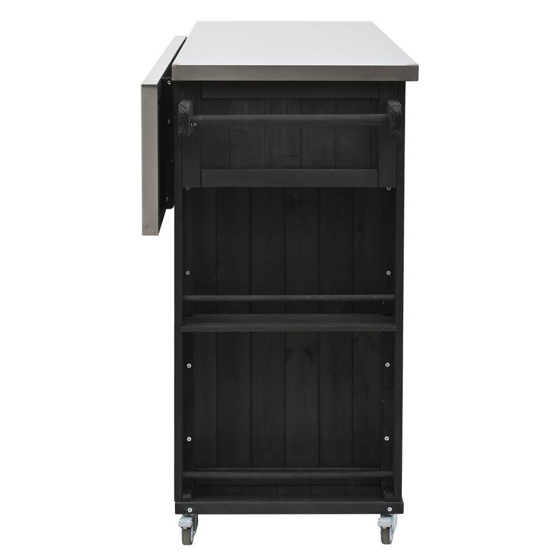 Outdoor Kitchen Island Fir Wood Kitchen Island with Stainless Steel Top, Ample Storage Space, Towel and Spice Racks