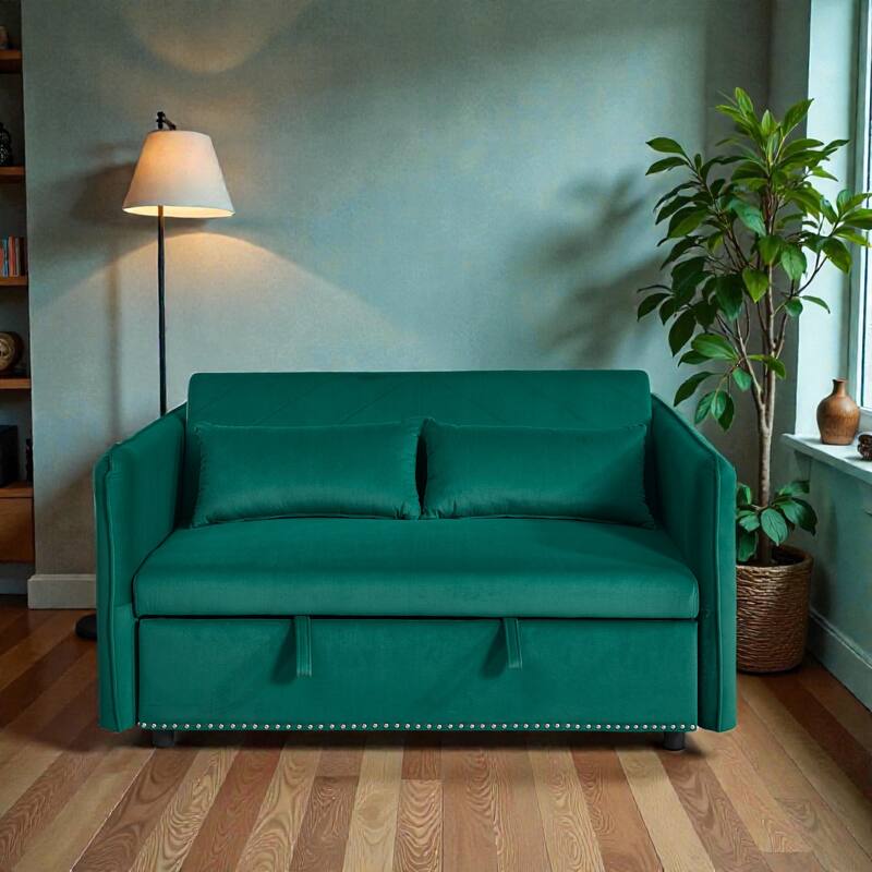 3 in 1 Convertible Sleeper Sofa Bed, Velvet Futon Loveseat with Pull Out Bed, Adjustable Backrest and Side Pockets