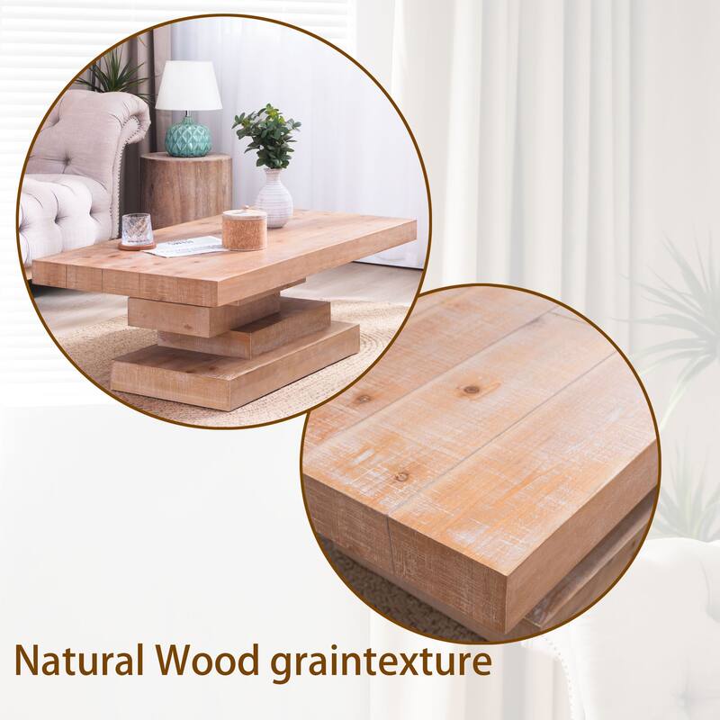 Roomfitters Modern Rustic Rectangular Coffee Table, Unique Stacked Block Base, Natural Wood Grain Finish