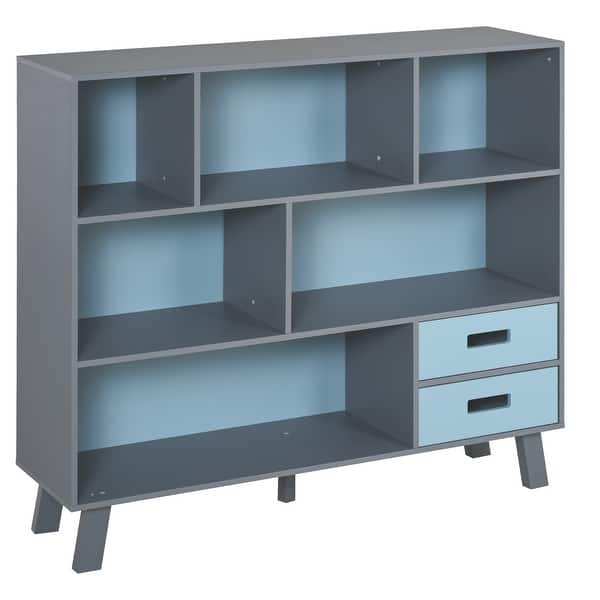 slide 2 of 11, 3-Tier Child Bookcase Open Shelves Cabinet Floor Standing Cube Storage Organizer with Drawers Blue