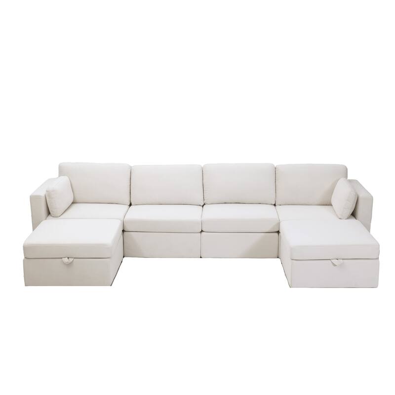Modern Cotton Linen L-Shape Sectional Sofa, Oversized Upholstery Sectional Sofa, Chaise Couch with Storage Ottomans for Living R