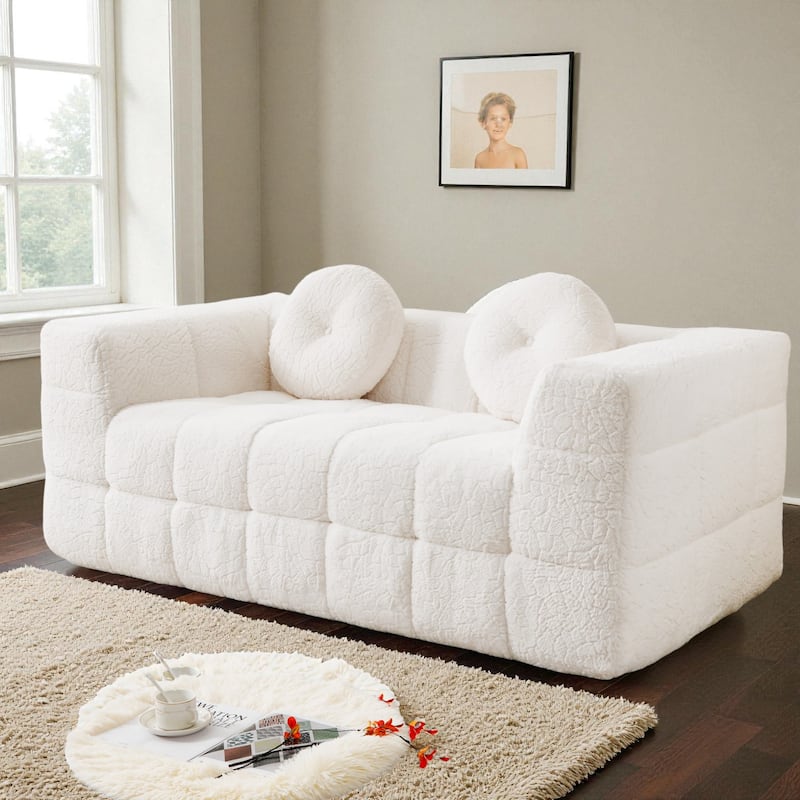 66.5" Modern Boneless Cloud Sofa, 2-Seater Foam Couch with Checkered Design & Plush Lychee-Textured Fabric, Circular Pillows