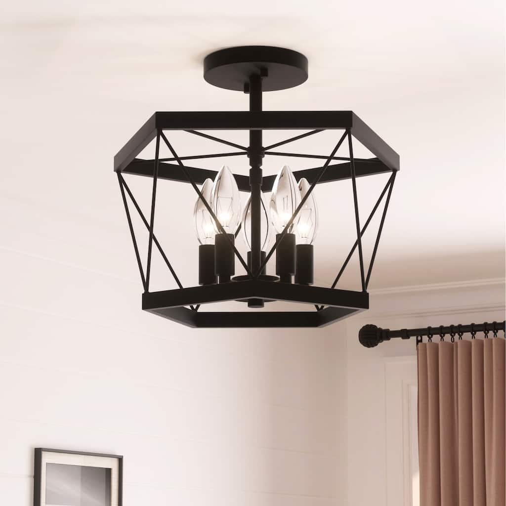 5-light Modern Farmhouse Black Semi-flush Mount Ceiling Lights - 15 inches