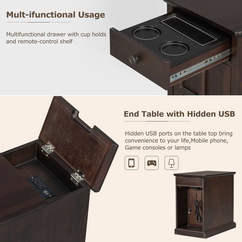 Multifunctional End Table with USB Ports and 1 Drawer with Cup Holders, Vintage Sofa Side Table Bedside Nightstand Narrow Table