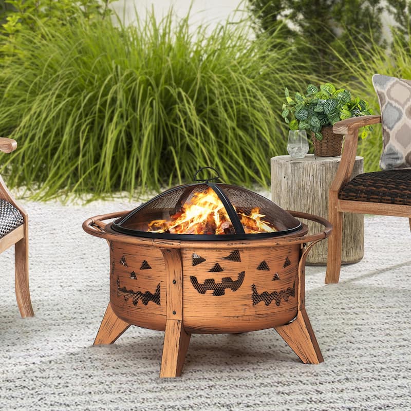 Sunjoy 30 in. Outdoor Wood-Burning Fire Pit, Patio Woven Round Steel Firepit Outside with Spark Screen and Poker - N/A